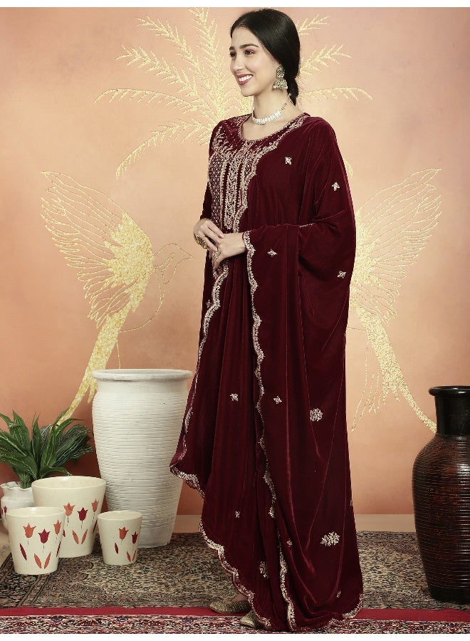 Stylee Lifestyle Maroon Velvet Embroidered Dress Material for Women - Image 3
