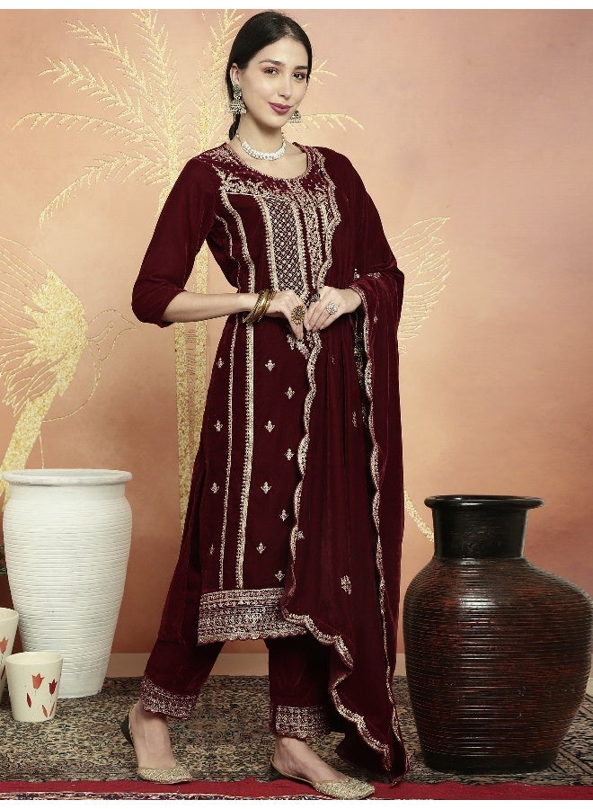 Stylee Lifestyle Maroon Velvet Embroidered Dress Material for Women - Image 4