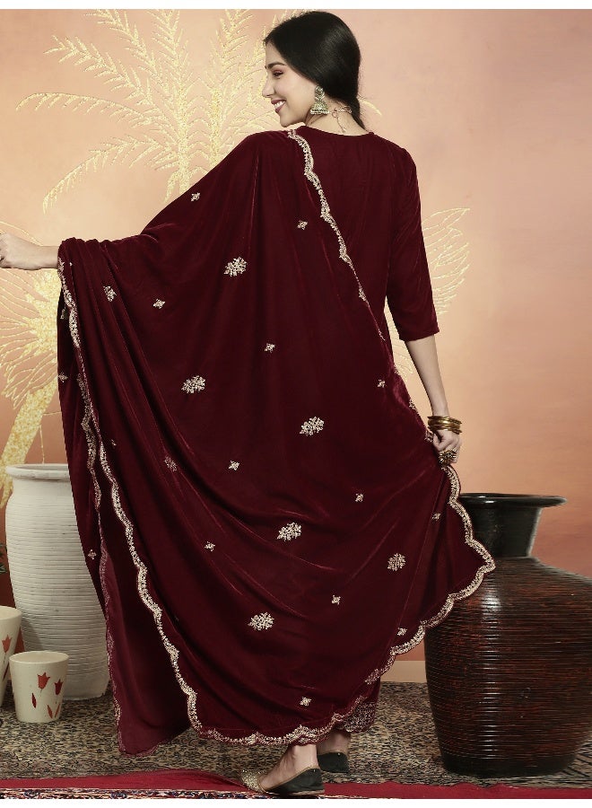 Stylee Lifestyle Maroon Velvet Embroidered Dress Material for Women - Image 2
