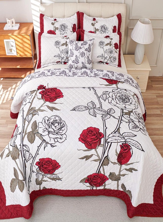 EVENHUG Quilt Queen Size Red Rose Bedding Set Floral Bedspread Lightweight Reversible Bed Cover with 2 Pillow Shams for All Seasons 3 Pieces (92"X96") - Image 3