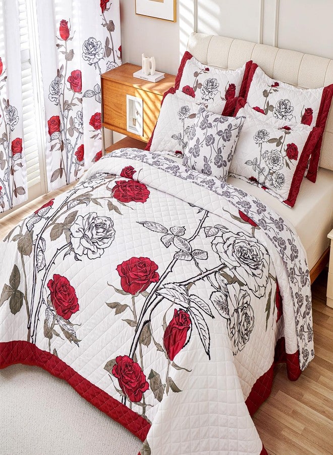 EVENHUG Quilt Queen Size Red Rose Bedding Set Floral Bedspread Lightweight Reversible Bed Cover with 2 Pillow Shams for All Seasons 3 Pieces (92"X96") - Image 2