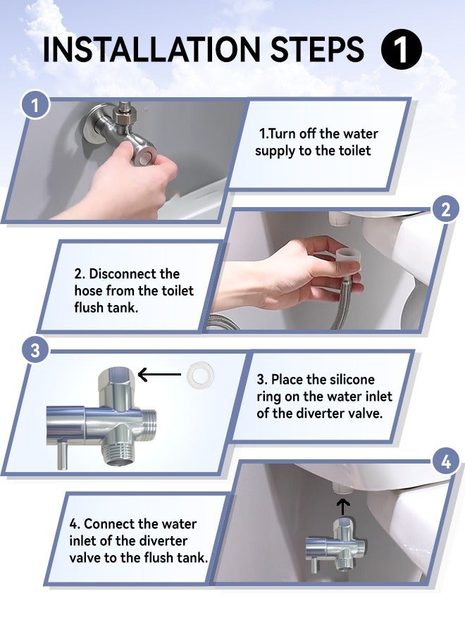 Stainless Steel Bidet Sprayer Set with Press Switch & Divider Valve | Adjustable Water Flow, 1.5m Hose, Easy Installation for Toilet Hygiene, Universal for Bathroom and Home Use - Image 4