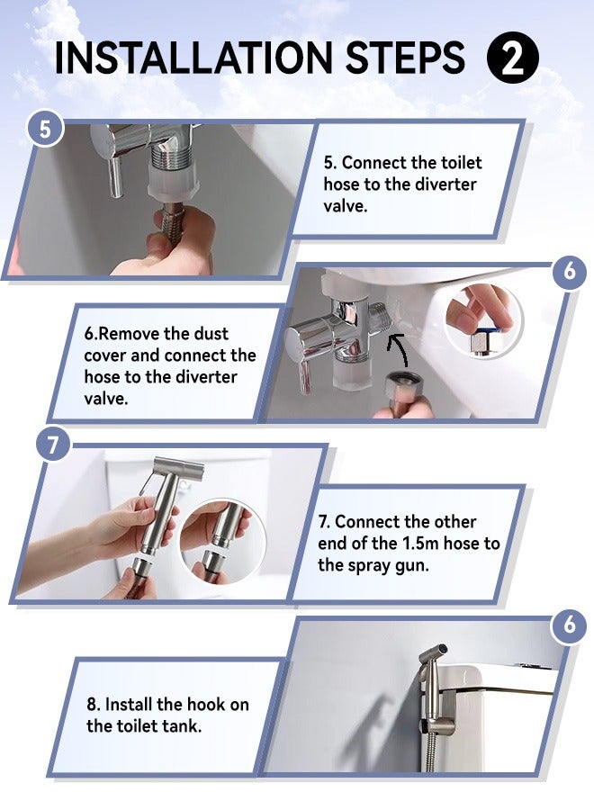 Stainless Steel Bidet Sprayer Set with Press Switch & Divider Valve | Adjustable Water Flow, 1.5m Hose, Easy Installation for Toilet Hygiene, Universal for Bathroom and Home Use - Image 5