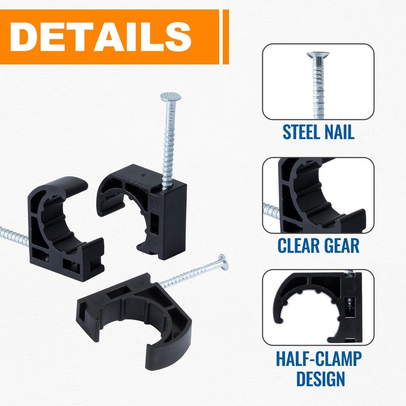 SUNGATOR (120 Pack) 1/2 Inch Pex J-Hook with Nails, Black Half Clamps, 1/2" J Clamps for Pex Pipe Support, 1/2" J-Hook Pipe Hanger Suitable for Wall Mount Pipe Tubing Fixture - Image 2