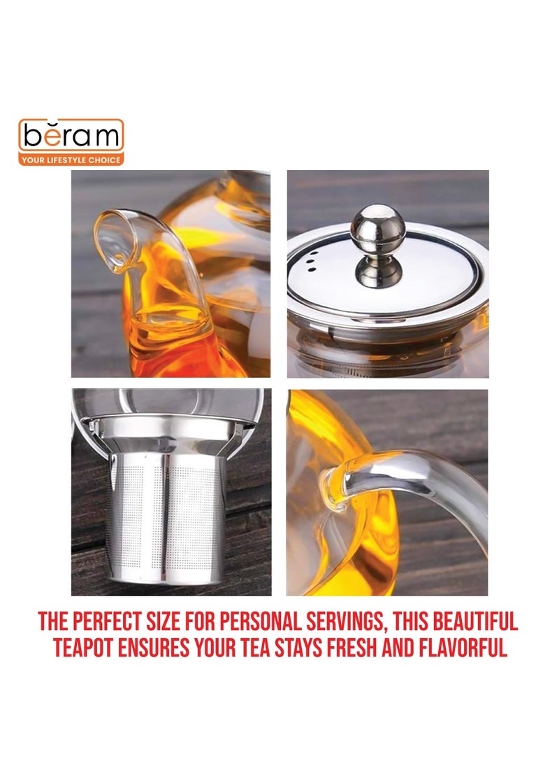 Glass Teapot with Infuser, 400ml, Borosilicate Clear Tea Kettle with Removable 18/8 Stainless Steel Infuser, Stovetop Safe, Hand Crafted Tea Kettle for Home, Loose Leaf Tea Maker, Tea Brewer