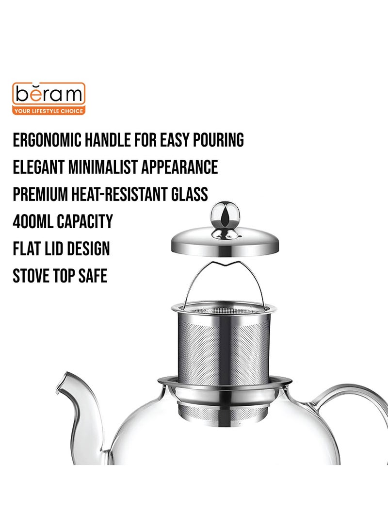 Glass Teapot with Infuser, 400ml, Borosilicate Clear Tea Kettle with Removable 18/8 Stainless Steel Infuser, Stovetop Safe, Hand Crafted Tea Kettle for Home, Loose Leaf Tea Maker, Tea Brewer