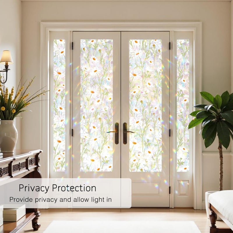 Maritown Window Film Privacy Rainbow Static Cling Window Film Plants Flowers Patterned Stained Glass Decorative Window Covering Stickers Films for Bathroom Kitchen Glass Windows Doors - Image 3