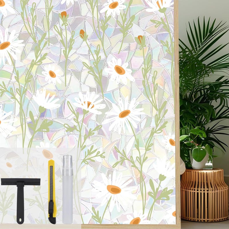 Maritown Window Film Privacy Rainbow Static Cling Window Film Plants Flowers Patterned Stained Glass Decorative Window Covering Stickers Films for Bathroom Kitchen Glass Windows Doors - Image 1