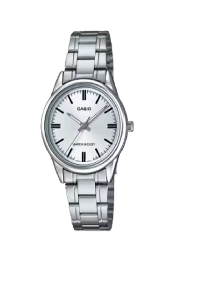 ساعة كاسيو النسائية التناظرية المصنوعة من الفولاذ المقاوم للصدأ LTP-V005D-7AUDF | ميناء أبيض، سوار فضي اللون، عرض التاريخ ودقة كوارتز