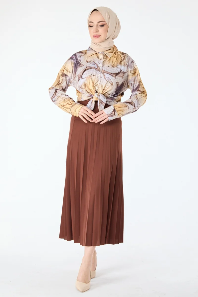 Tofisa 23035-Brown Pleated Skirt