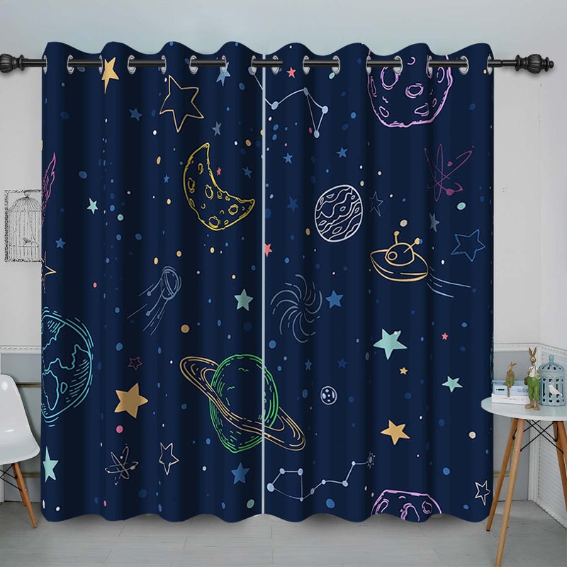 Baocicco Kids Cartoon Outer Space Blackout Curtain for Bedroom Moon Stars Planets Pattern Printed Darkening Drapes with Rustproof Grommets Toddler Space Themed Window Curtain 2 Panels32Wx59H Inch