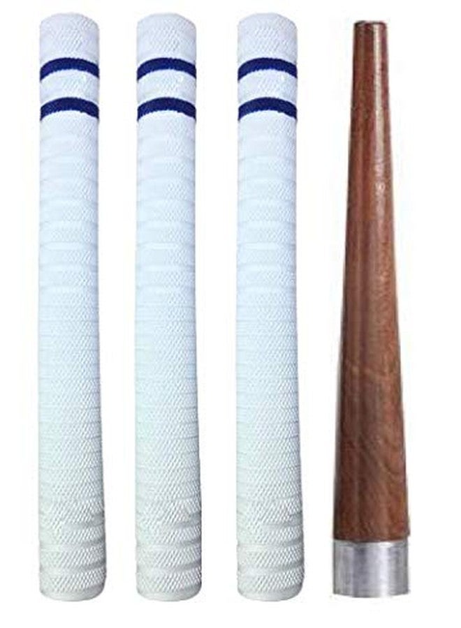 Kizlo Premium Cricket Bat Grip Set with Wooden Hammer Handle Cone - Anti-Slip Textured Grips (White with Blue Rings) - Pack of 3 Grips + 1 Wooden Cone for Easy Application - Image 1