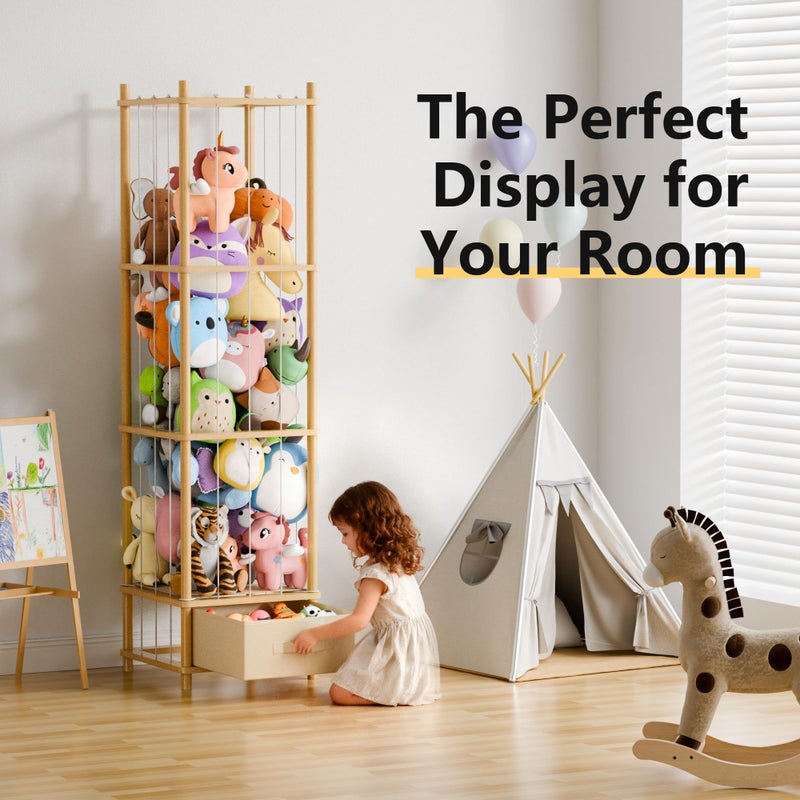 Primo Lines Stuffed Animal Storage Organizer, 2-in-1 Vertical & Horizontal Standing Wood Stuffed Animal Zoo Storage Holder with Polyester Drawer for Toddler Rooms, Playrooms & Bedrooms - Image 3