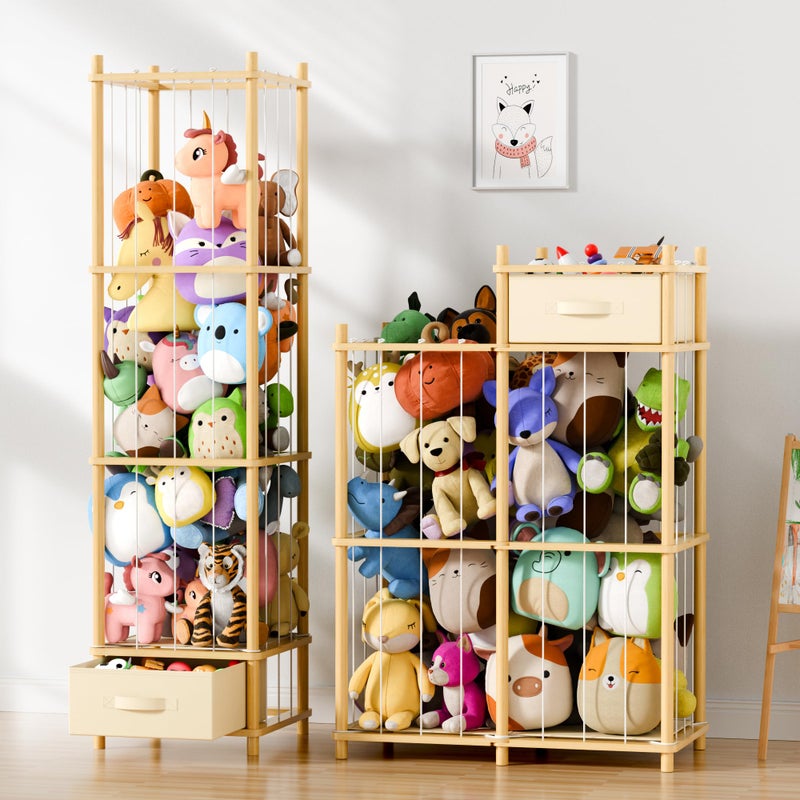 Primo Lines Stuffed Animal Storage Organizer, 2-in-1 Vertical & Horizontal Standing Wood Stuffed Animal Zoo Storage Holder with Polyester Drawer for Toddler Rooms, Playrooms & Bedrooms - Image 1
