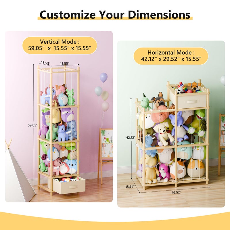 Primo Lines Stuffed Animal Storage Organizer, 2-in-1 Vertical & Horizontal Standing Wood Stuffed Animal Zoo Storage Holder with Polyester Drawer for Toddler Rooms, Playrooms & Bedrooms - Image 2