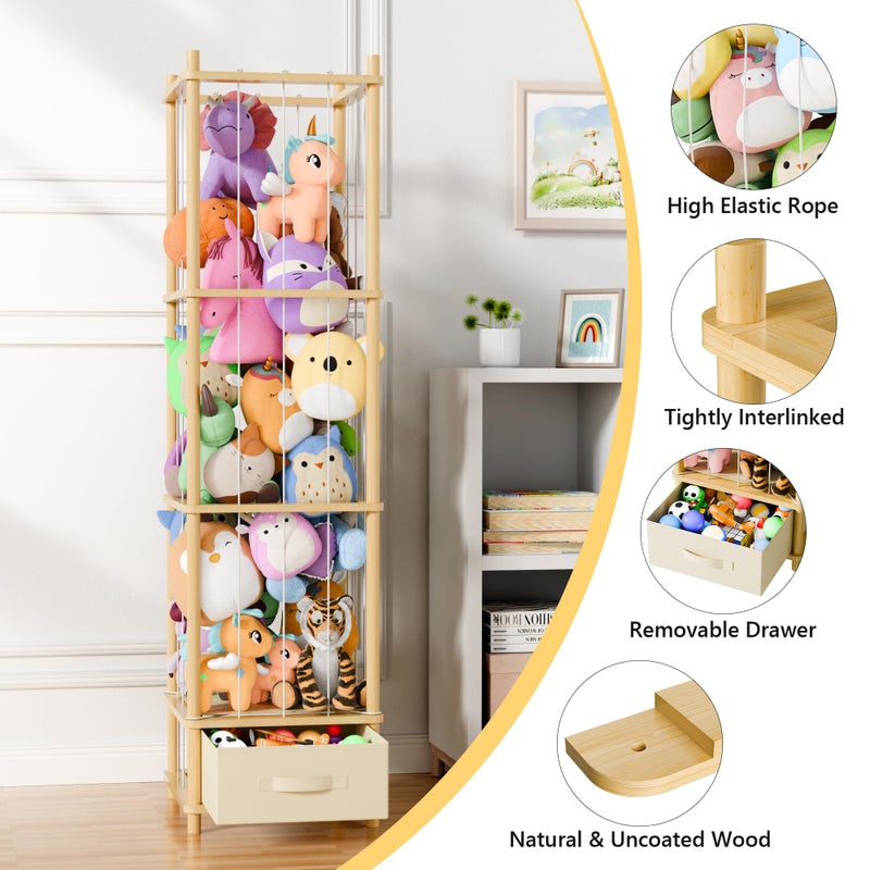 Primo Lines Stuffed Animal Storage Organizer, 2-in-1 Vertical & Horizontal Standing Wood Stuffed Animal Zoo Storage Holder with Polyester Drawer for Toddler Rooms, Playrooms & Bedrooms - Image 4