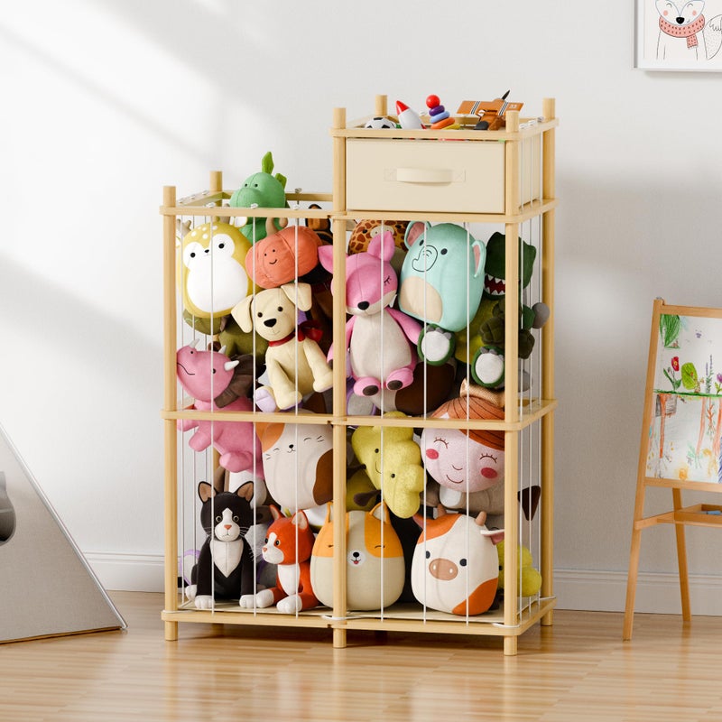 Primo Lines Stuffed Animal Storage Organizer, 2-in-1 Vertical & Horizontal Standing Wood Stuffed Animal Zoo Storage Holder with Polyester Drawer for Toddler Rooms, Playrooms & Bedrooms - Image 5