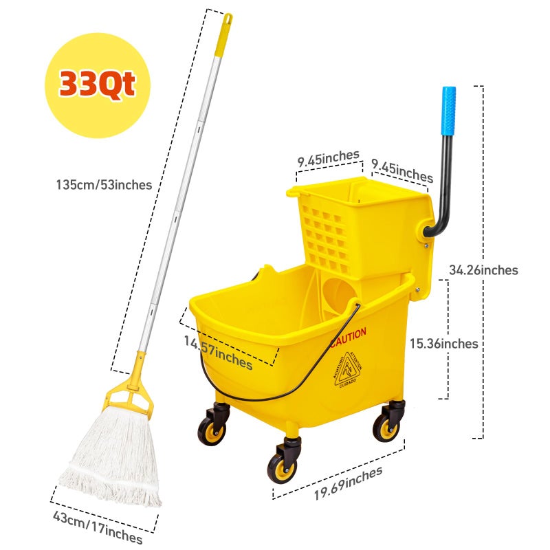 MRDARENSU 33 Quart Commercial Mop Bucket, with Side-Press Wringer on Wheels. Includes an Industrial Mop. Yellow Industrial Mop Bucket, Suitable for Home, Commercial, Restaurant Cleaning - Image 2