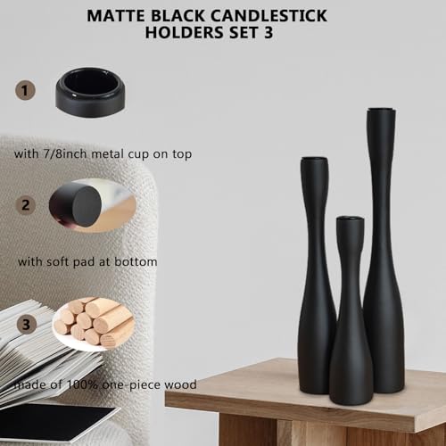 SDALI HOME Candle Holder Black Candlestick Holders,Taper Candle Holders for Candlesticks Set of 3,(12"/10"/7.5" H) Tall Wooden Modern Candle Sticks Candle Holder for Decor - Image 2