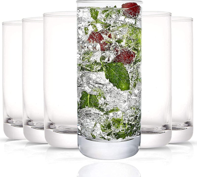 KELVEE Water Glass Set of 6 Highball Drinking Glasses Heavy Base Durable Glass Cups for Juice Wine Beer Cocktails and Mixed Drinks Round - Image 1