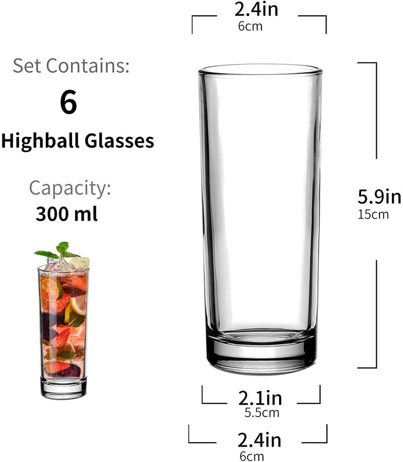 KELVEE Water Glass Set of 6 Highball Drinking Glasses Heavy Base Durable Glass Cups for Juice Wine Beer Cocktails and Mixed Drinks Round - Image 4
