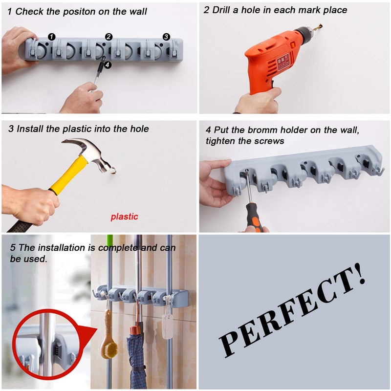 HYRIXDIRECT Wall Mount Broom Mop Holder Hanger Garden Tool Organizers Rack Garage Laundry Room Organizations and Storage with Hooks Heavy Duty - Image 3