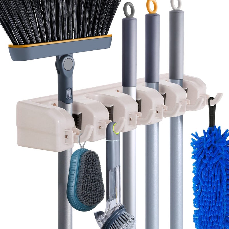 HYRIXDIRECT Wall Mount Broom Mop Holder Hanger Garden Tool Organizers Rack Garage Laundry Room Organizations and Storage with Hooks Heavy Duty - Image 1