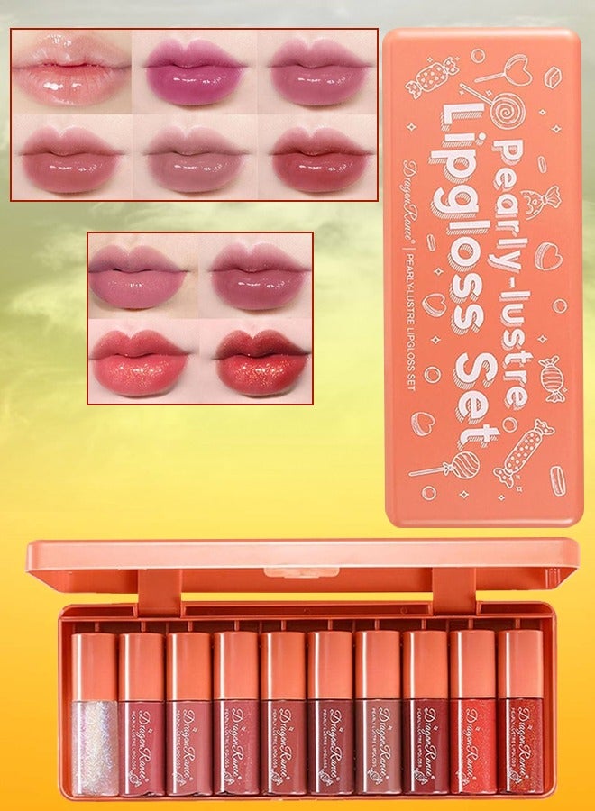 Dragon Ranee مجموعة ملمع الشفاه من 10 قطع، ملمع شفاه لامع لؤلؤي، زيت شفاه مرطب، زيت توهج الشفاه، مجموعة ملمع شفاه، ملمع شفاه لامع للغاية، أحمر شفاه سائل غير لامع بلمسة نهائية زجاجية للنساء - Image 1