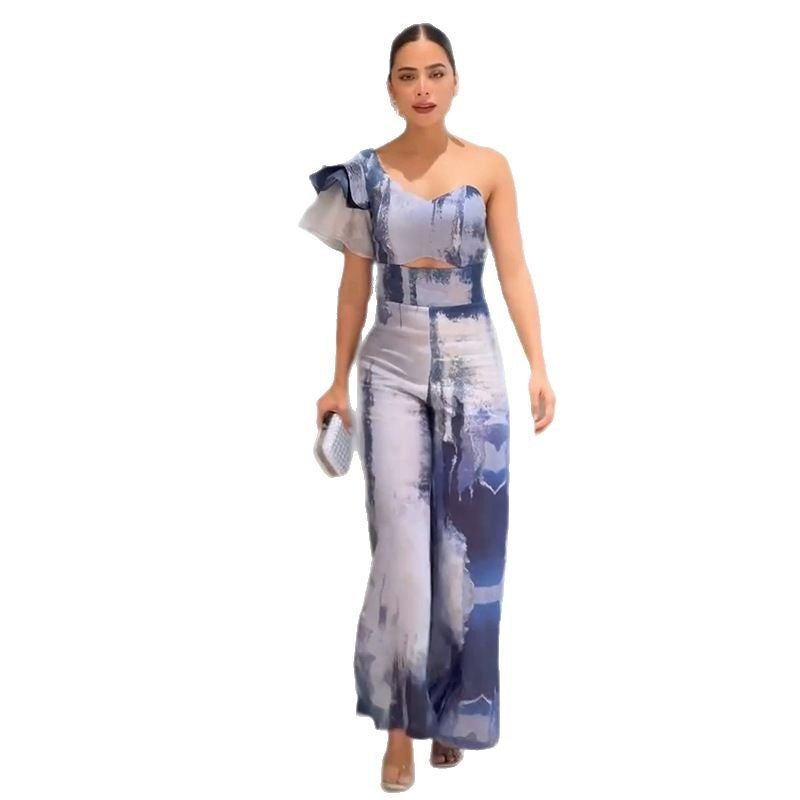 Women'S Oblique Collar Ruffled Hollow Straight Printed Pants - Image 4