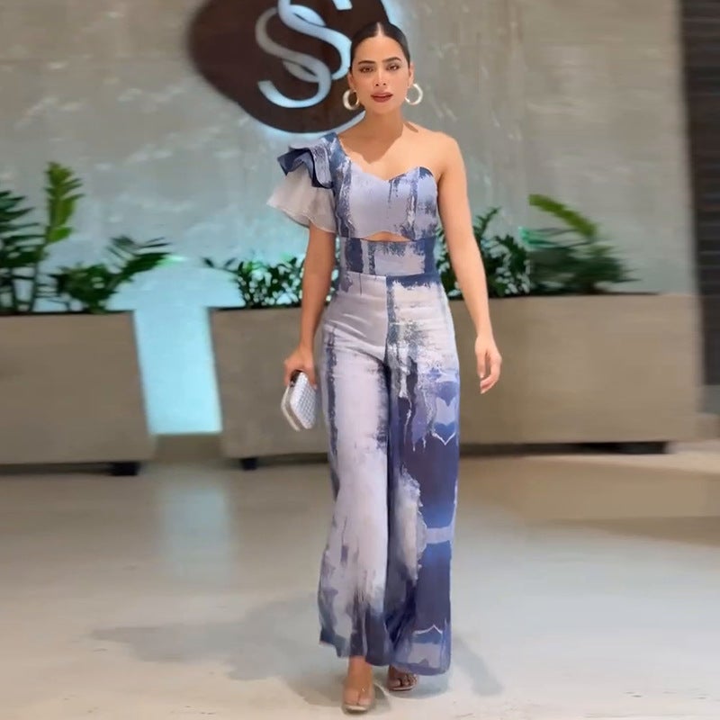 Women'S Oblique Collar Ruffled Hollow Straight Printed Pants - Image 2