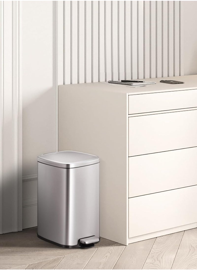 EKO 12L Square Step Bin Stella - Silver | Compact Pedal Bin with Soft-Close Lid | Fingerprint-Resistant Finish | Removable Inner Liner