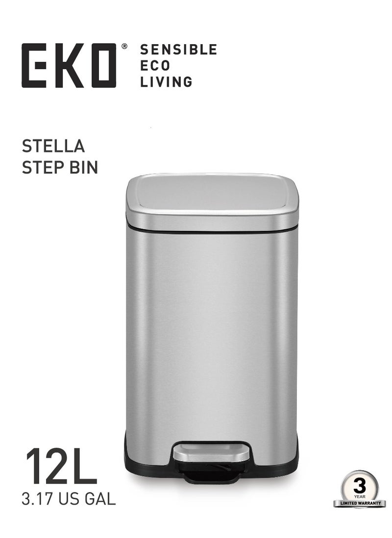 EKO 12L Square Step Bin Stella - Silver | Compact Pedal Bin with Soft-Close Lid | Fingerprint-Resistant Finish | Removable Inner Liner