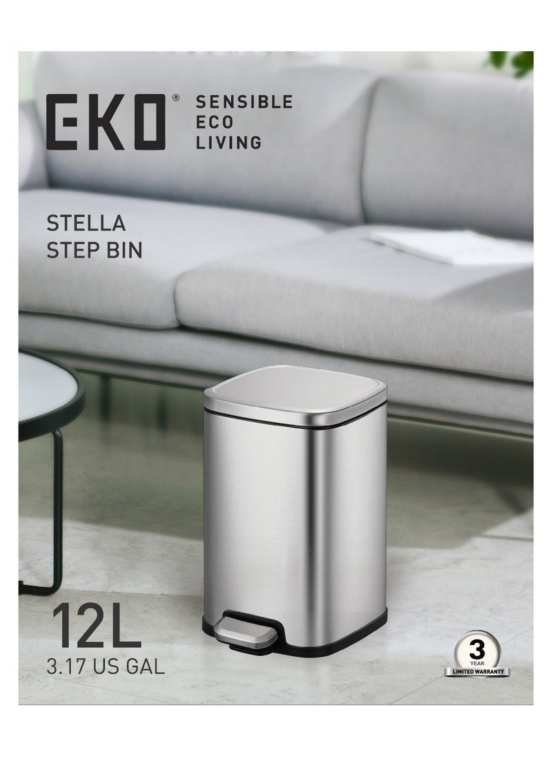 EKO 12L Square Step Bin Stella - Silver | Compact Pedal Bin with Soft-Close Lid | Fingerprint-Resistant Finish | Removable Inner Liner