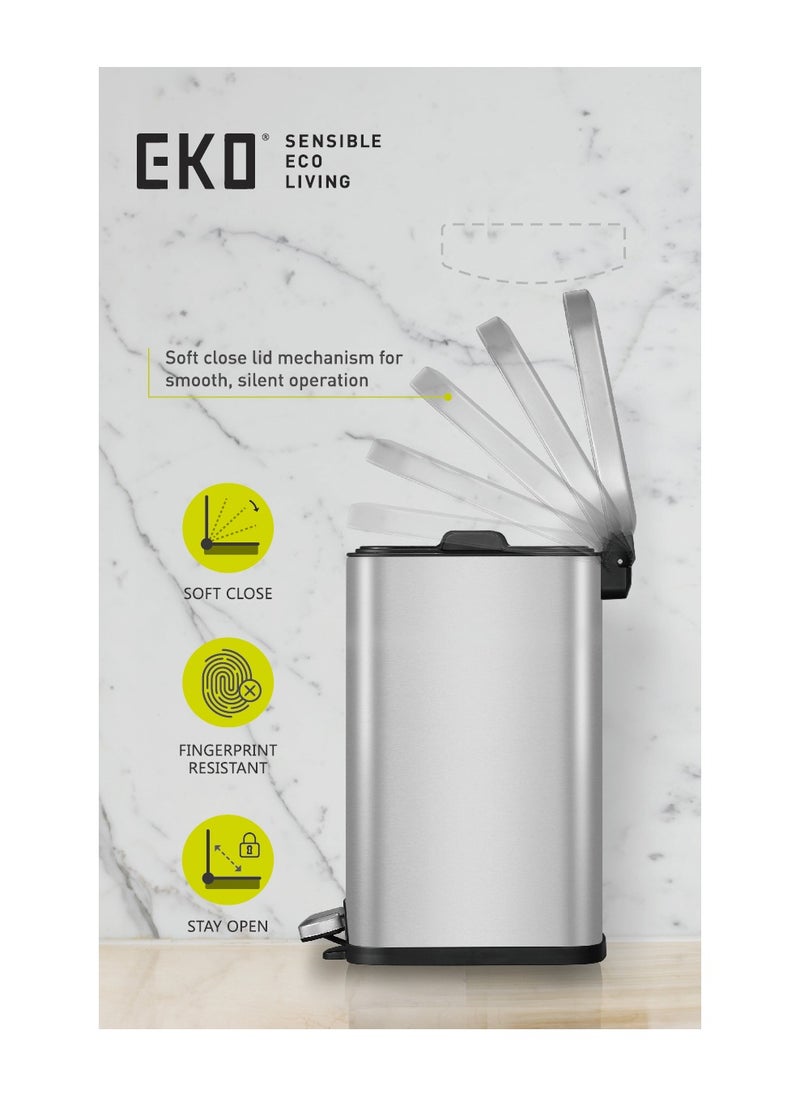 EKO 12L Square Step Bin Stella - Silver | Compact Pedal Bin with Soft-Close Lid | Fingerprint-Resistant Finish | Removable Inner Liner