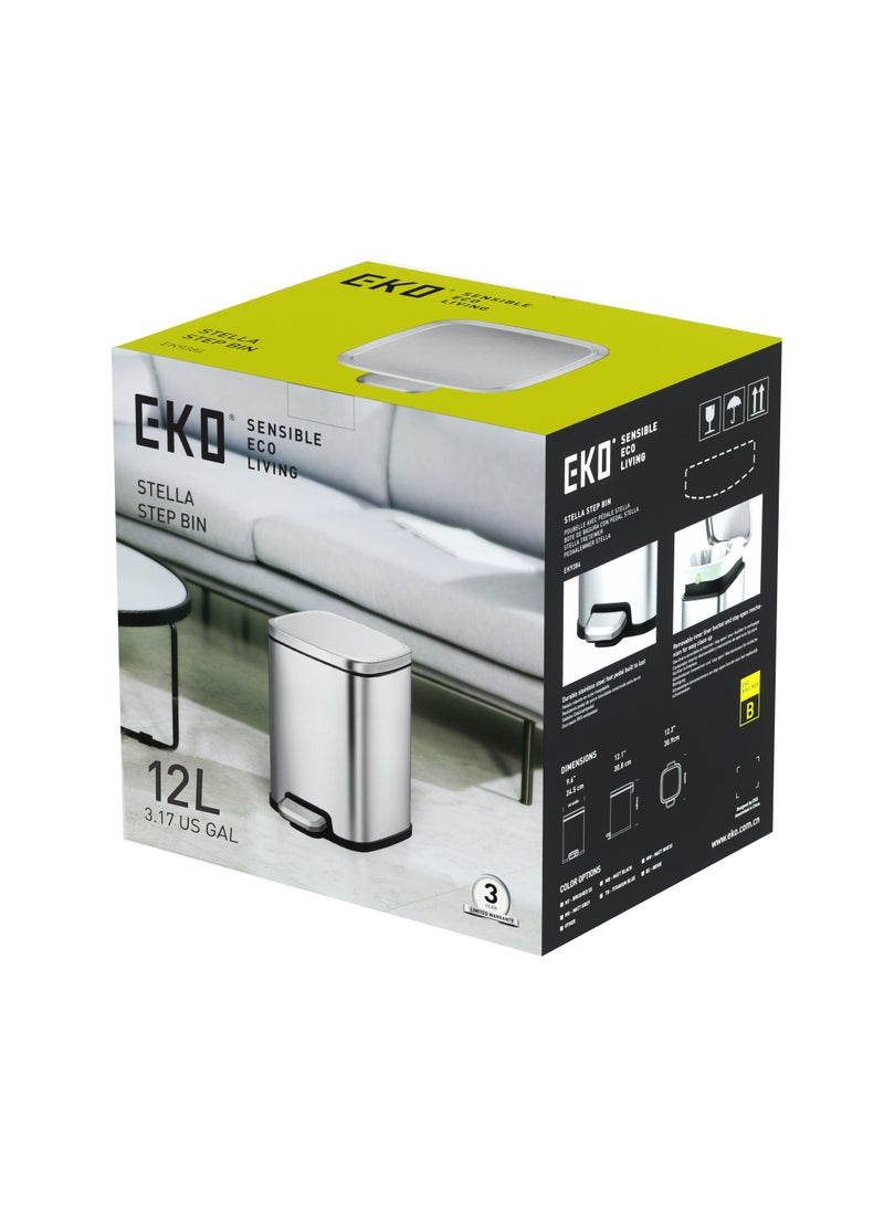 EKO 12L Square Step Bin Stella - Silver | Compact Pedal Bin with Soft-Close Lid | Fingerprint-Resistant Finish | Removable Inner Liner