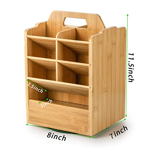 SOUJOY Bamboo Pen Holder Organizer, 360°Rotating Art Supply Storage Caddy, Hold 400+ Pencils, 15 compartments Office Desk Stand Box with Handle for Marker Pens, Colored Pencil, Art Brushes - Image 2