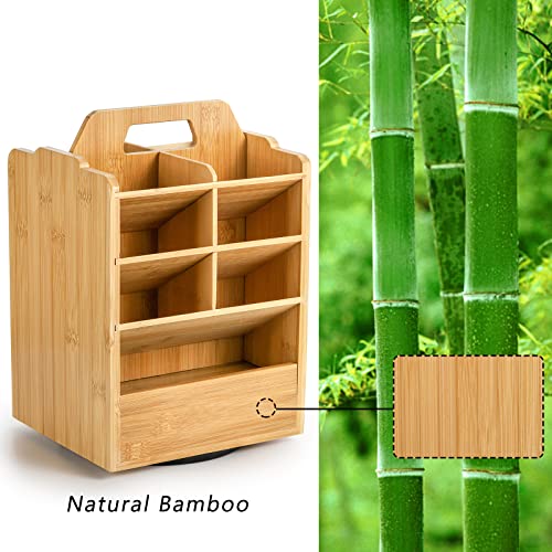 SOUJOY Bamboo Pen Holder Organizer, 360°Rotating Art Supply Storage Caddy, Hold 400+ Pencils, 15 compartments Office Desk Stand Box with Handle for Marker Pens, Colored Pencil, Art Brushes - Image 5