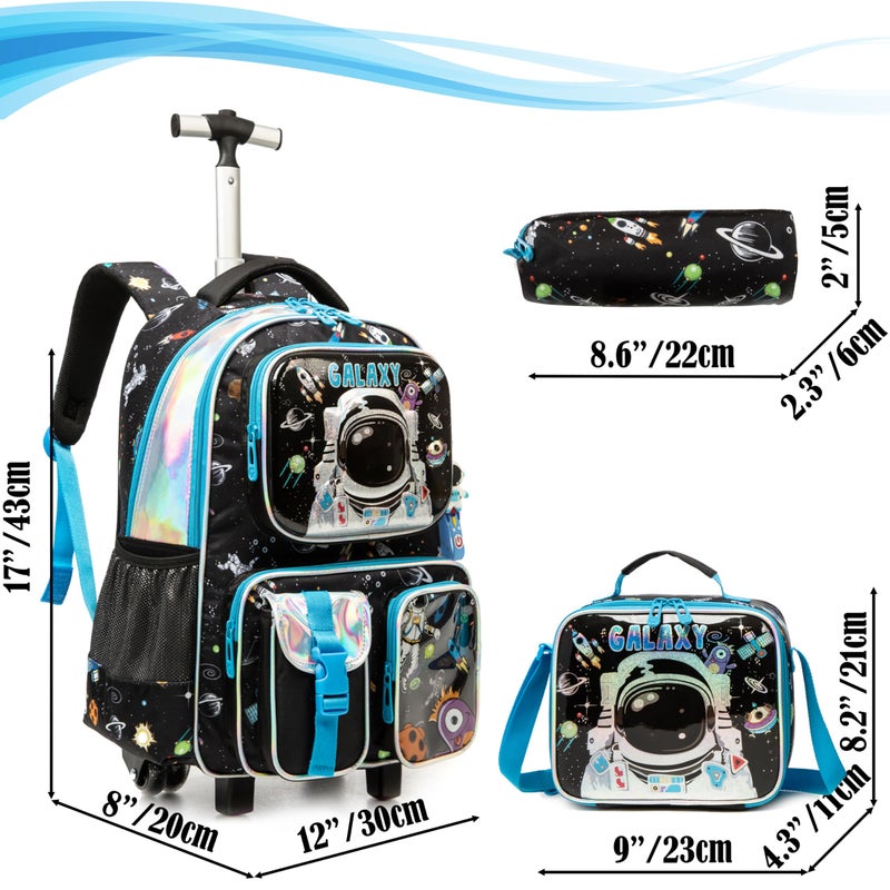 Egchescebo Egchescebo Kids Rolling Backpack for Boys Astronaut Suitcases Trolley Roller Luggage Backpacks on Wheels with Lunch Box Pencil Case for Elementary Multiple Function Pockets Travel School Bag Blue  - Image 2