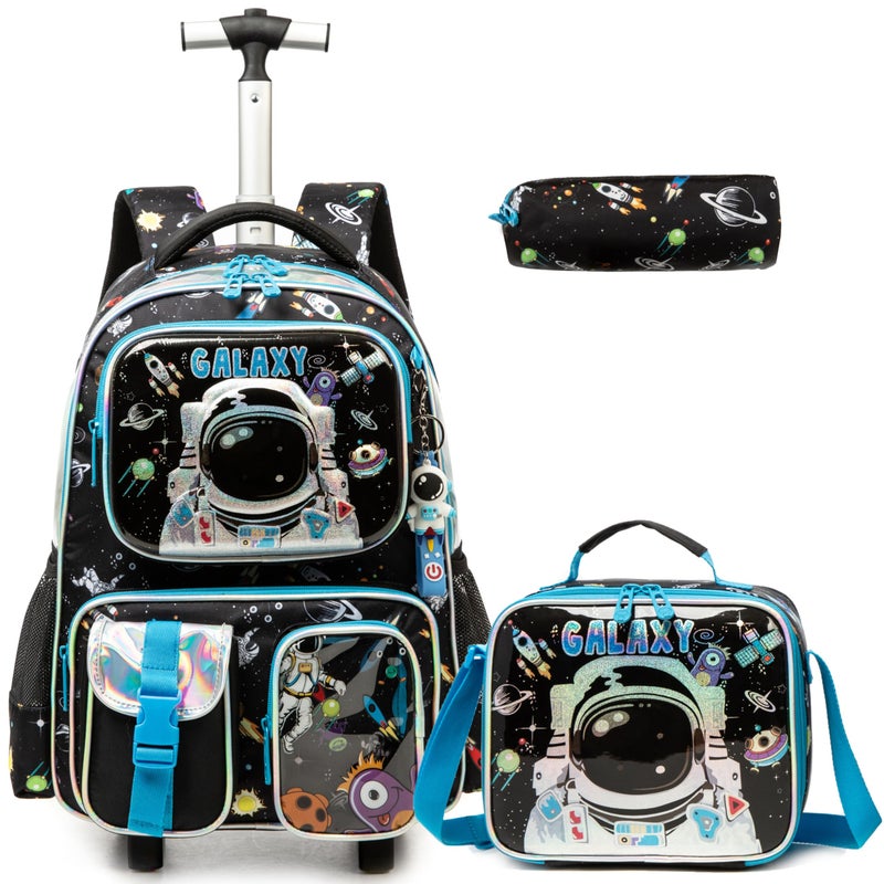 Egchescebo Egchescebo Kids Rolling Backpack for Boys Astronaut Suitcases Trolley Roller Luggage Backpacks on Wheels with Lunch Box Pencil Case for Elementary Multiple Function Pockets Travel School Bag Blue  - Image 1