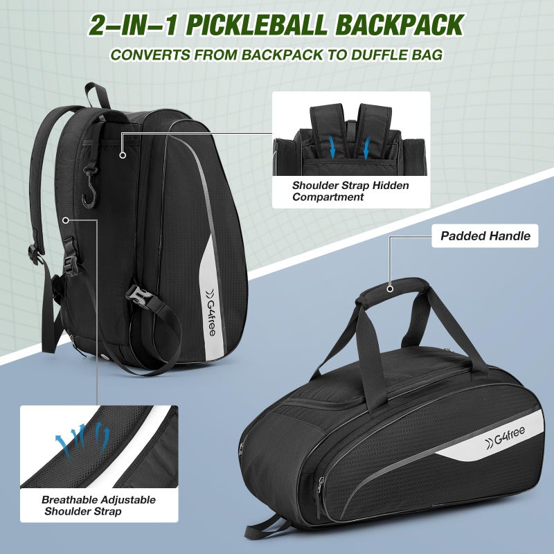 G4Free 2-in-1 Pickleball Bag Pickleball Backpack Pickle Ball Bag Holds 4+ Paddles for Women & Men with Fence Hook Thermal Insulation Compartment(Black) - Image 4