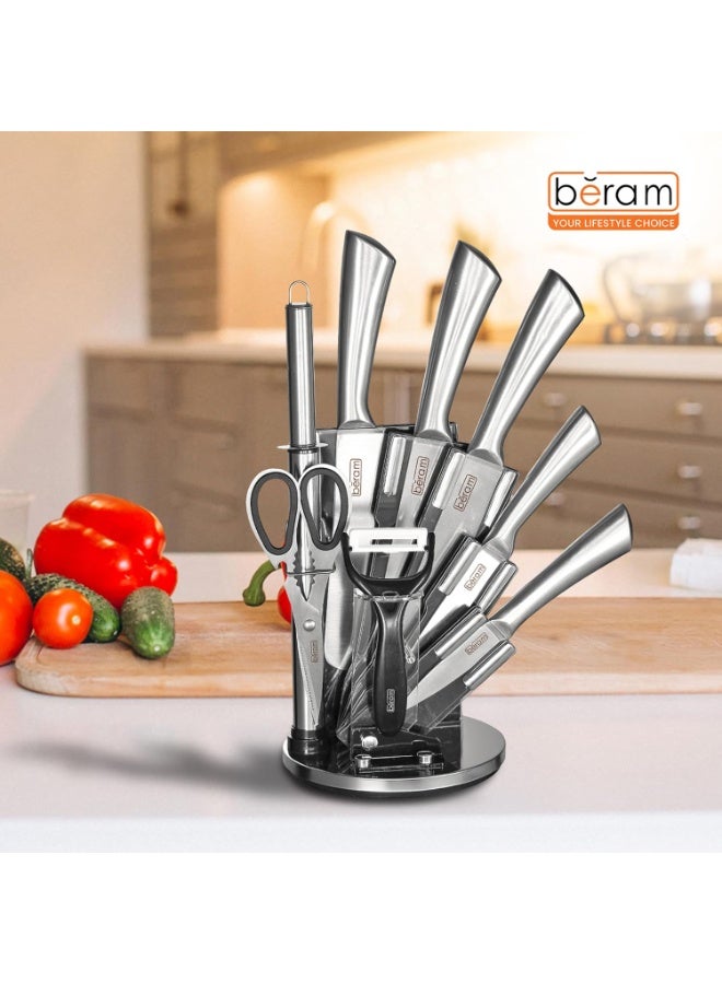 9 Pieces Kitchen Knife Sets Spinning Magnetic Block High Carbon Stainless Steel Blades Knife Non-stick Non-slip For Everyday Use and Includes Knife Sharpener and Scissors  (Plain Handle) - Image 3