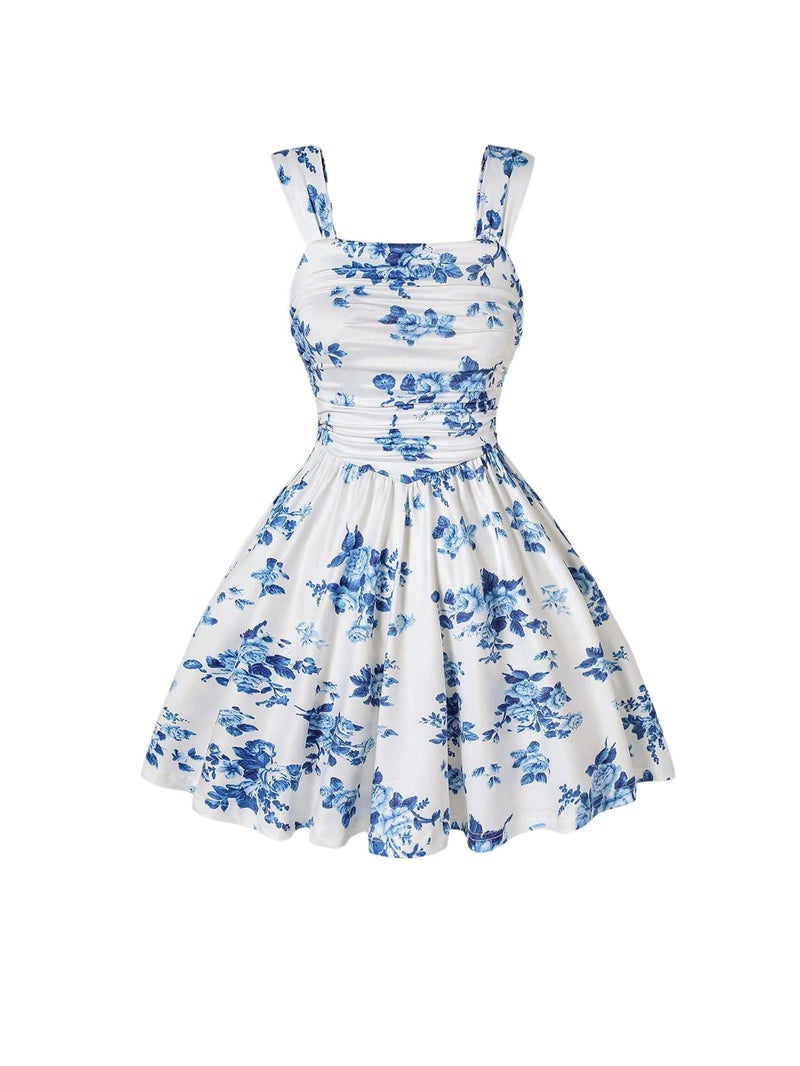 Floerns Girl's Summer Boho Floral Straps Cami Dress Ruched Bust Ruffle High Waist A Line Sundress Short Dresses Blue and White 12 Years - Image 1