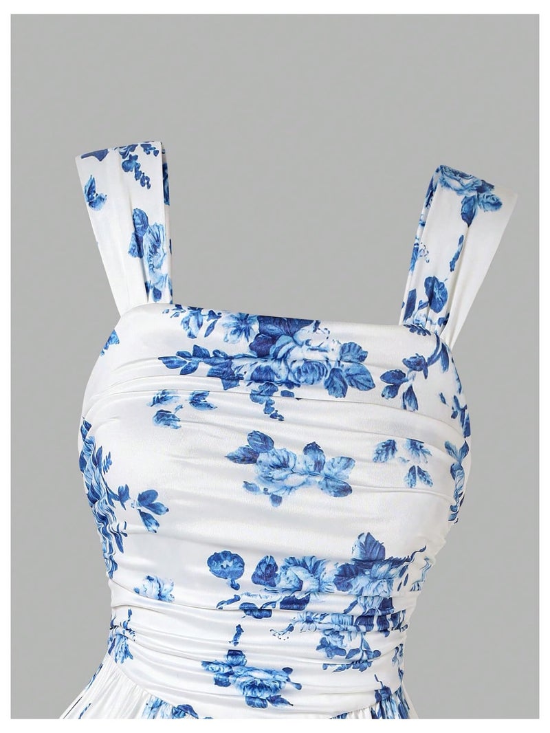 Floerns Girl's Summer Boho Floral Straps Cami Dress Ruched Bust Ruffle High Waist A Line Sundress Short Dresses Blue and White 12 Years - Image 3