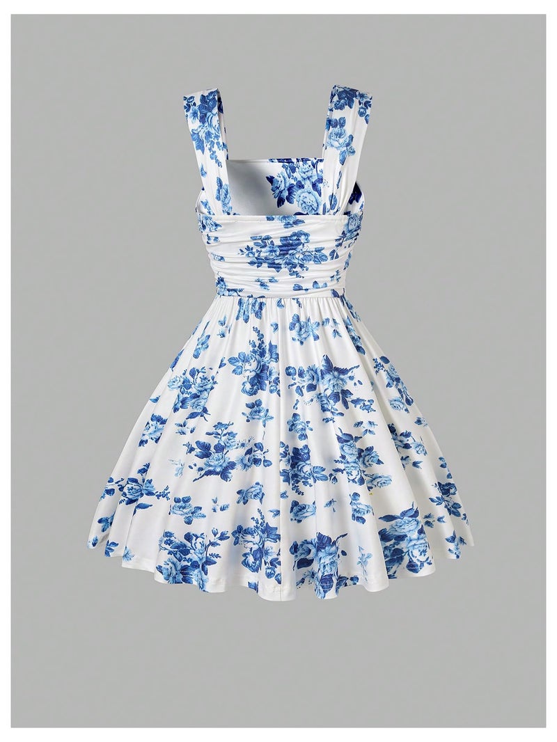 Floerns Girl's Summer Boho Floral Straps Cami Dress Ruched Bust Ruffle High Waist A Line Sundress Short Dresses Blue and White 12 Years - Image 2