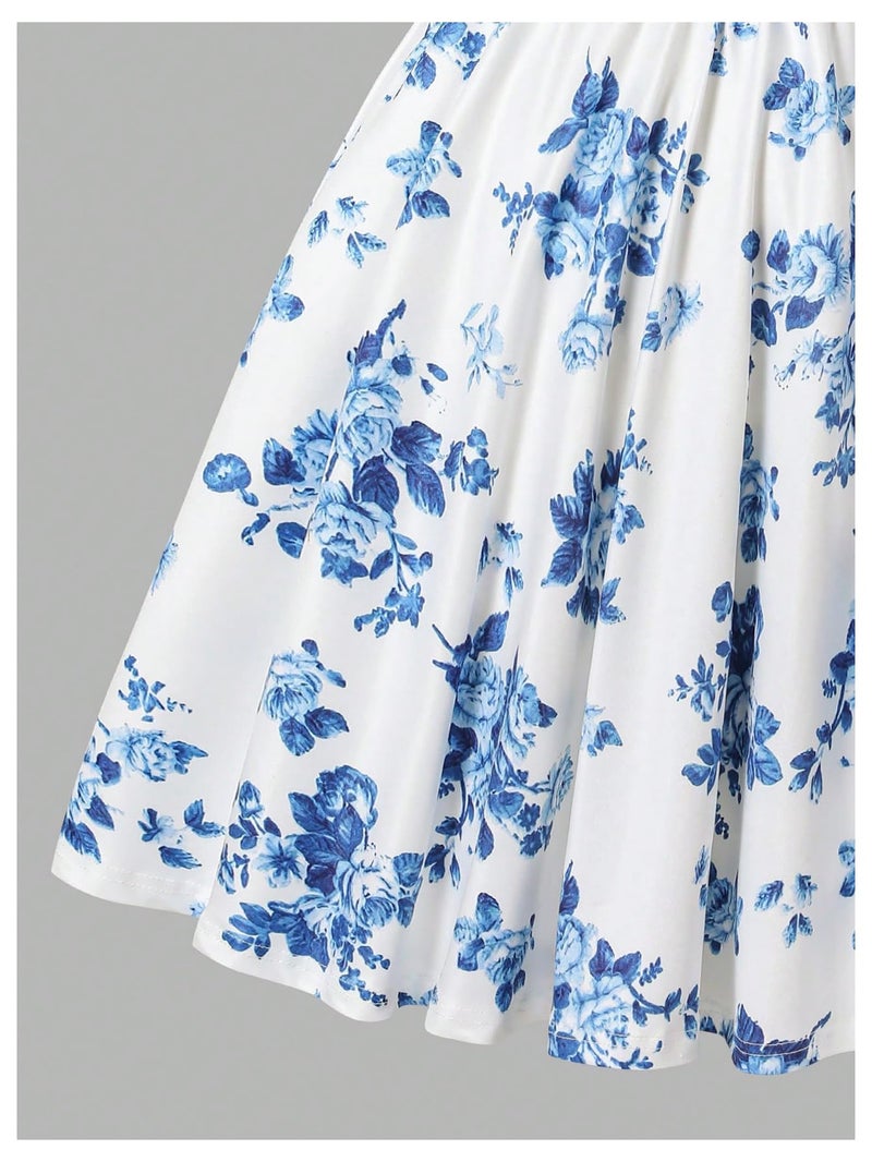Floerns Girl's Summer Boho Floral Straps Cami Dress Ruched Bust Ruffle High Waist A Line Sundress Short Dresses Blue and White 12 Years - Image 4