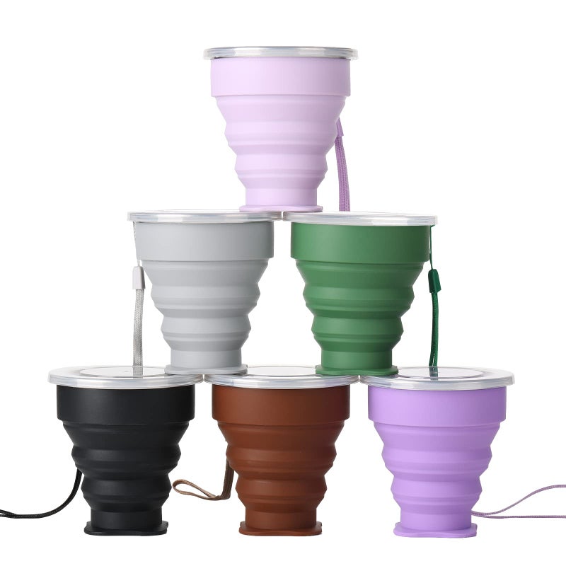 JIELUO Silicone Collapsible Travel Water Cup 200ml, 6Pack Collapsible Silicone Cup with Lid, Expandable Drinking Cup Set, Reusable Mug for Camping, Hiking, Travel - Image 1