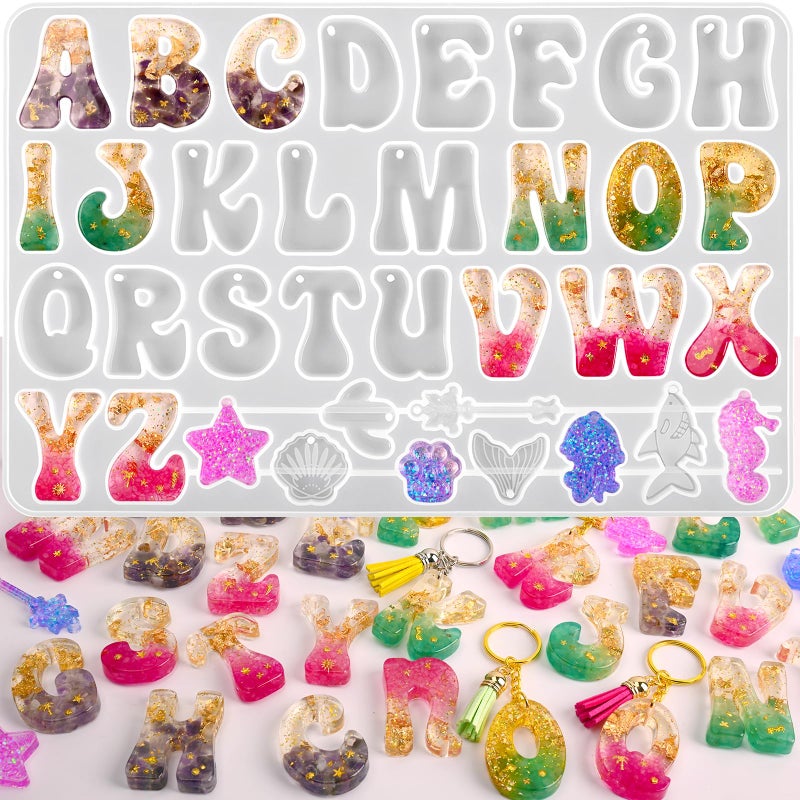 Actvty Alphabet Resin Mold Reversed Alphabet Silicone Molds with Holes for Epoxy Letter Molds for Resin DIY Keychain Jewelry Pendant