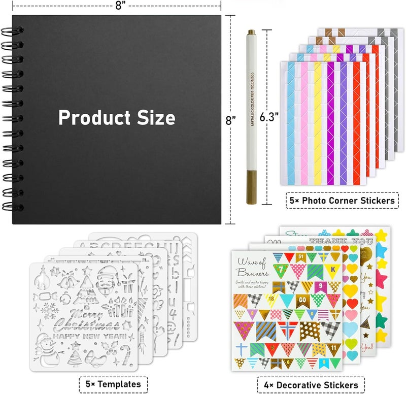 GOTIDEAL 8 x 8 Inch Scrapbook Album with Metallic Marker,40 Pages Kraft Paper Photo Albums for Wedding&Anniversary,Family DIY Scrap Books with Scrapbooking Stickers Corners(Black) - Image 2