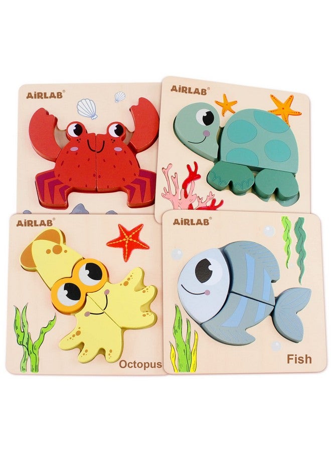 Airlab Wooden Puzzles For Toddlers Ocean Animals Montessori Toys Year Old Baby Girl Boy Gifts Educational Learning Bright Color Chunky Shape Puzzle Pack Of 4 - Image 1