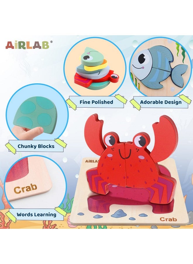 Airlab Wooden Puzzles For Toddlers Ocean Animals Montessori Toys Year Old Baby Girl Boy Gifts Educational Learning Bright Color Chunky Shape Puzzle Pack Of 4 - Image 2
